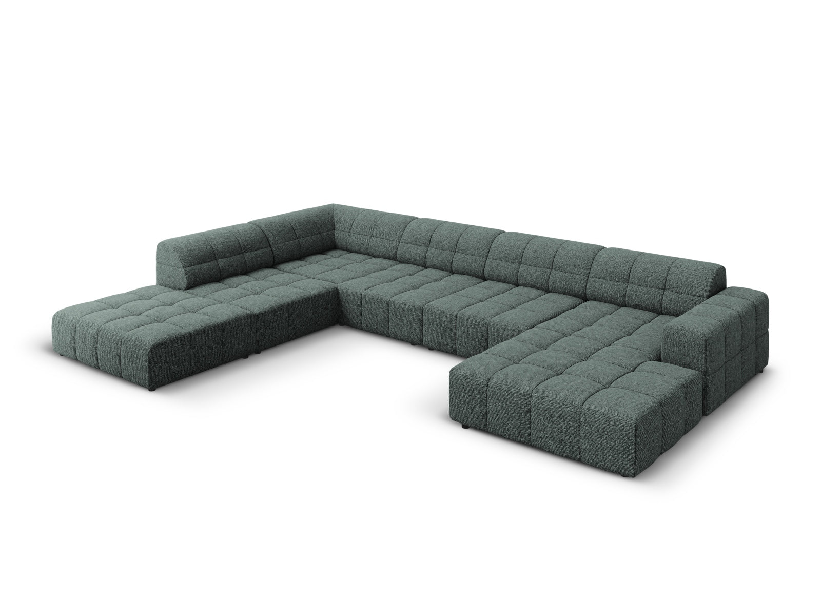 Stylisches Chicago Panoramic Ecksofa links in Petrol-Haga, 7 Sitzer, 262 cm, ideal für moderne Wohnräume, von Cosmopolitan Design.