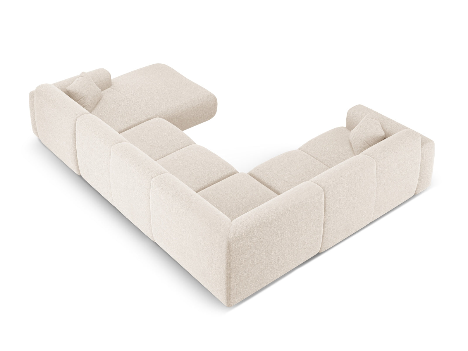 Elegantes Nolio Panoramic Ecksofa links in hellem Beige, ideal für gemütliche Zusammenkünfte, bietet großzügigen Platz für bis zu 6 Personen.