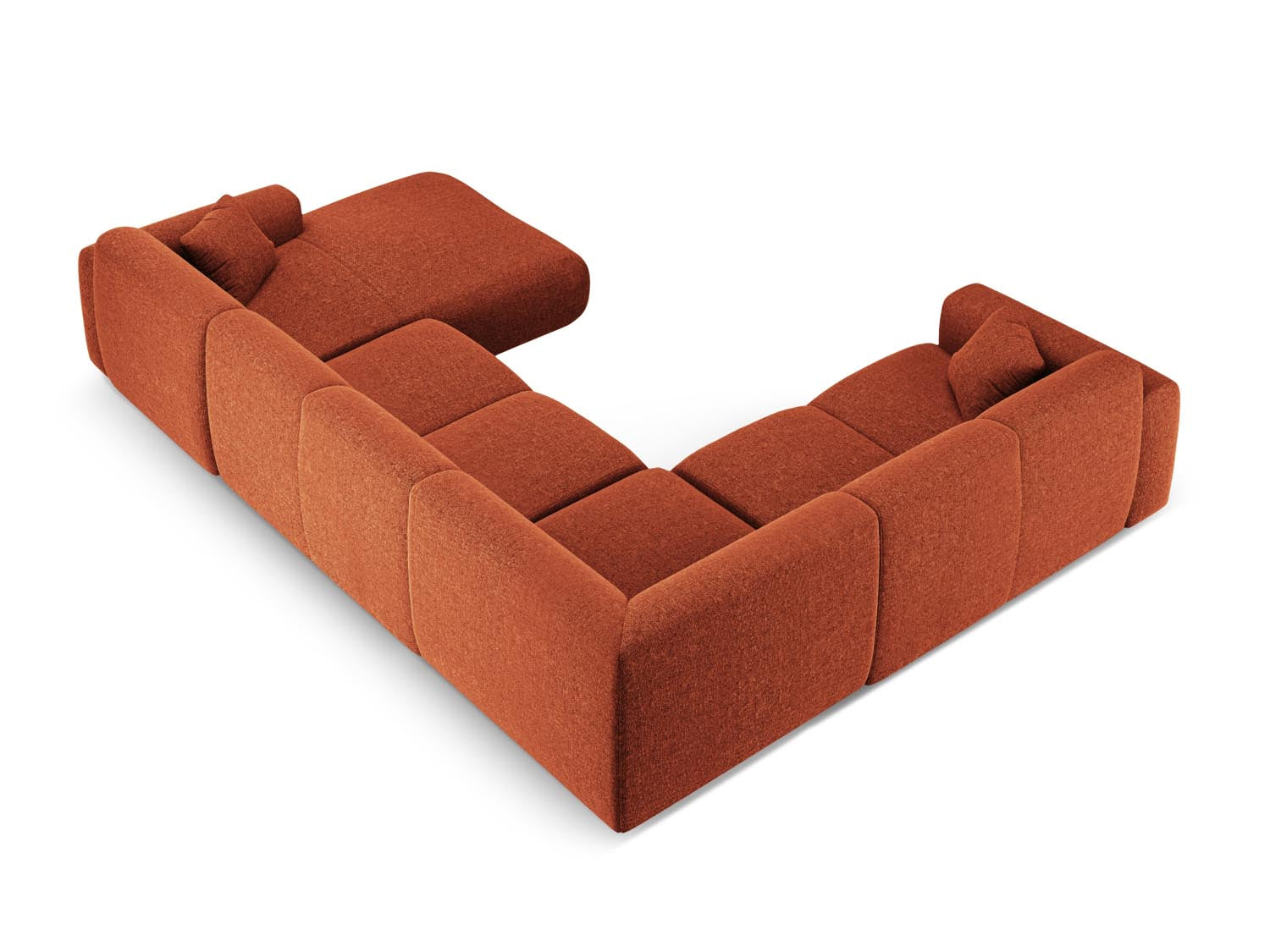 Elegantes Nolio Panoramic Ecksofa links in Terracotta, ideal für gemütliche Zusammenkünfte, bietet großzügigen Platz für bis zu 6 Personen.