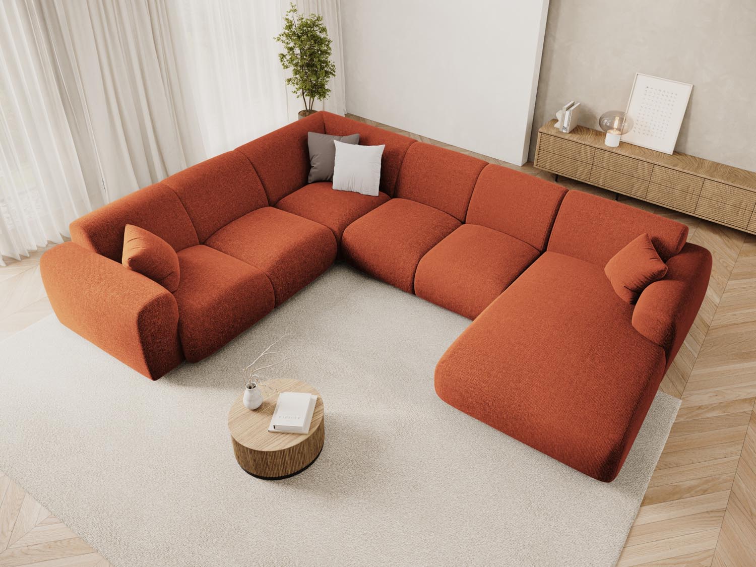 Elegantes Nolio Panoramic Ecksofa links in Terracotta-Haga, ideal für stilvolle Wohnräume, mit Platz für bis zu 6 Personen.