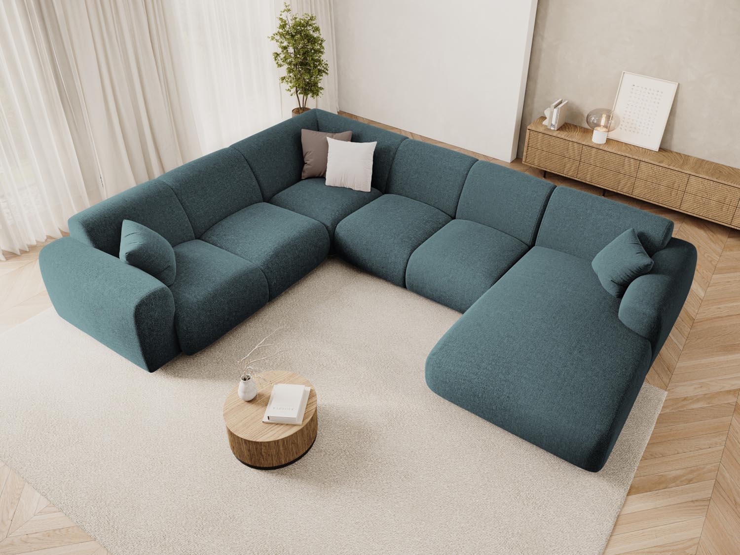 Elegantes Nolio Panoramic Ecksofa links in Petrol-Haga, ideal für stilvolle Wohnräume, bietet Platz für bis zu 6 Personen.