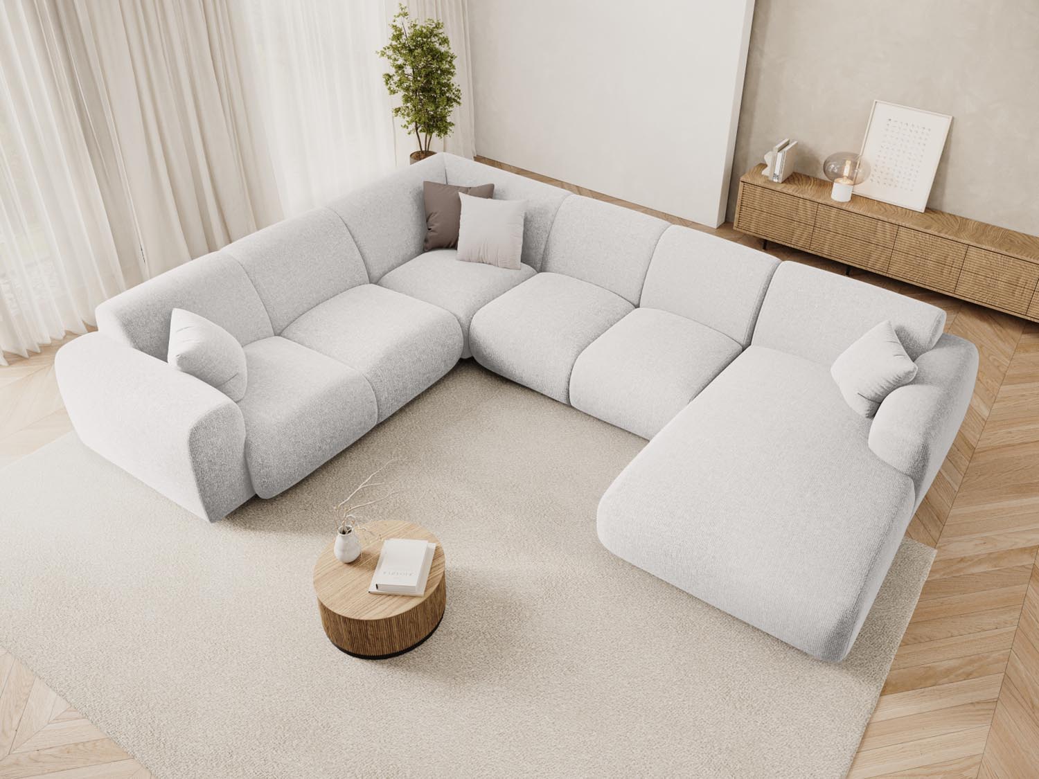 Stylisches Nolio Panoramic Ecksofa links in hellem Grau, ideal für moderne Wohnräume, bietet Platz für bis zu 6 Personen.