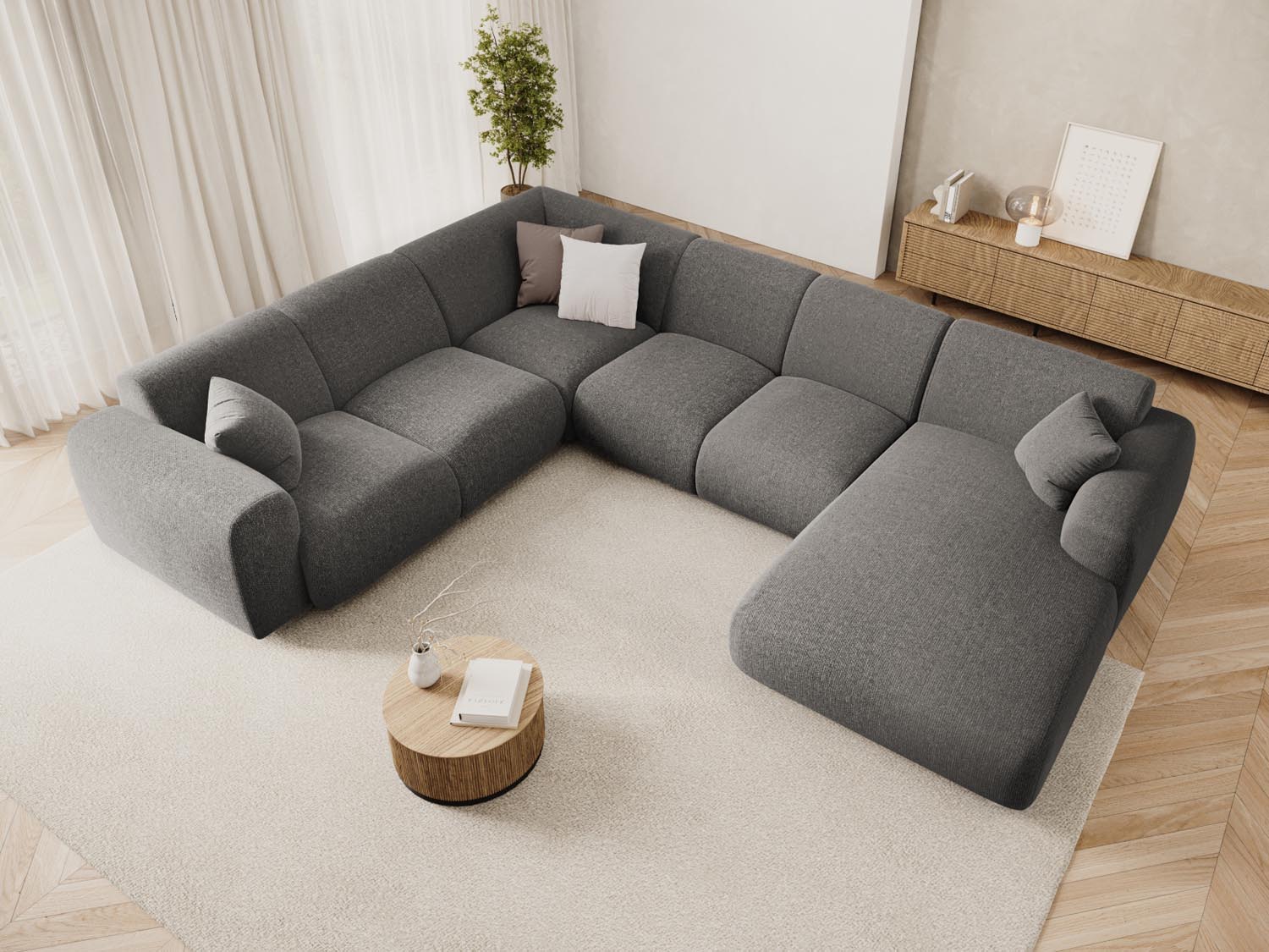 Elegantes Nolio Panoramic Ecksofa links in Grau, 6-Sitzer mit modernem Design, ideal für stilvolle Wohnräume.