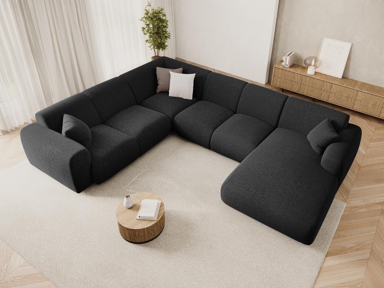 Elegantes Nolio Panoramic Ecksofa links in Schwarz, 6-Sitzer mit modernem Design, ideal für stilvolle Wohnräume.