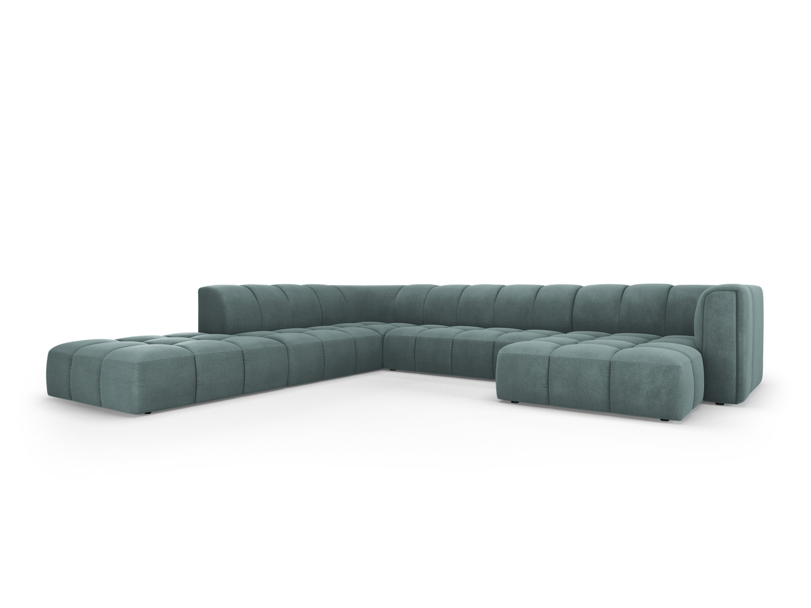 Elegantes 7-Sitzer Ecksofa Moritz in Sea Green-Rebel, ideal für stilvolle Wohnräume, präsentiert von Cosmopolitan Design.