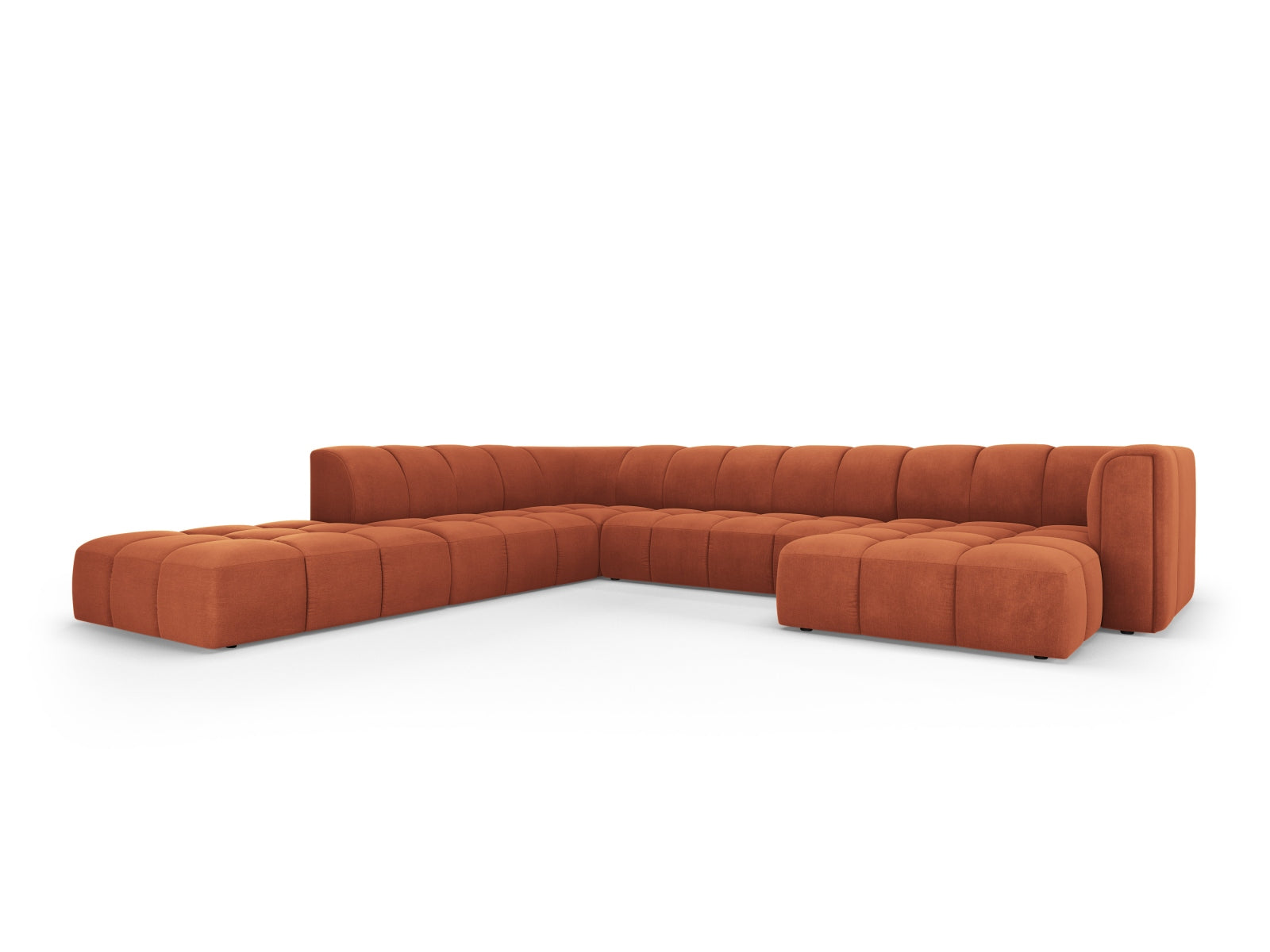 Modulares 7-Sitzer Ecksofa Panoramic links Moritz in stilvollem Orange, ideal für moderne Wohnräume, präsentiert von Cosmopolitan Design.