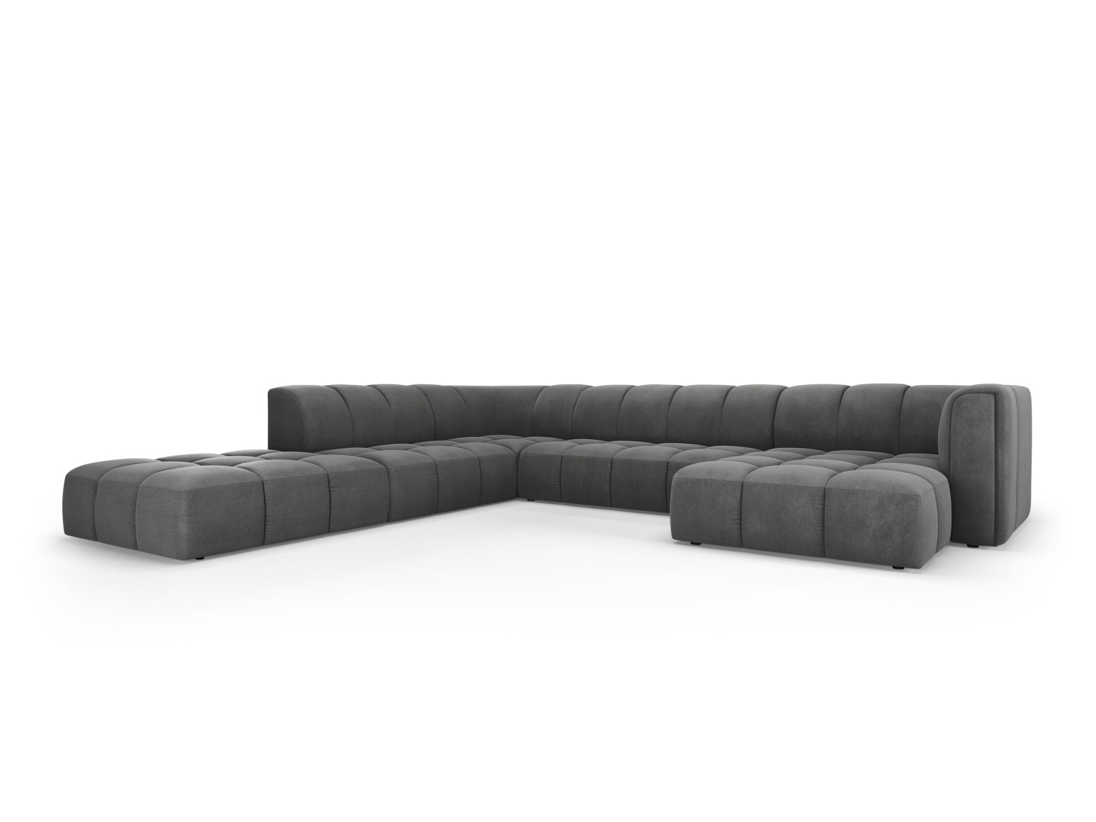 Stylisches 7-Sitzer Ecksofa Panoramic links Moritz in Dunkelgrau, ideal für moderne Wohnräume, präsentiert von Cosmopolitan Design.