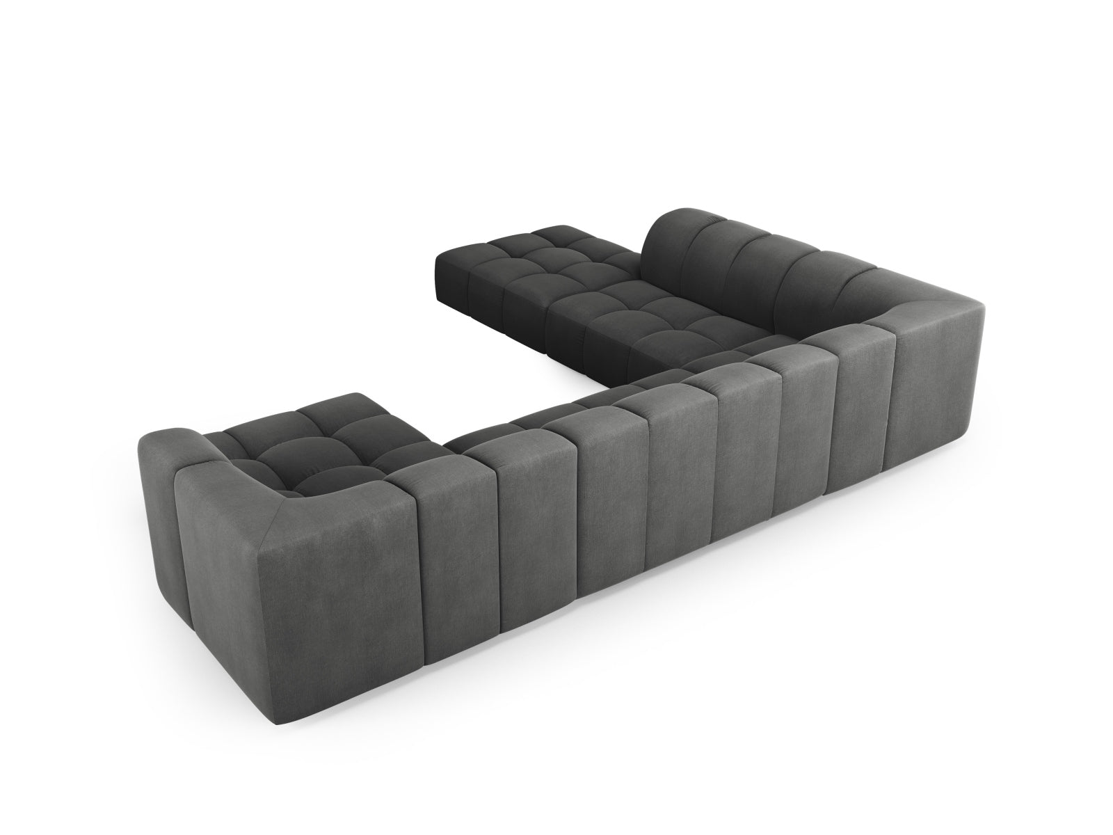 Geräumiges 7-Sitzer Ecksofa Panoramic links Moritz in elegantem Dunkelgrau, perfekt für stilvolle und komfortable Wohnlandschaften.