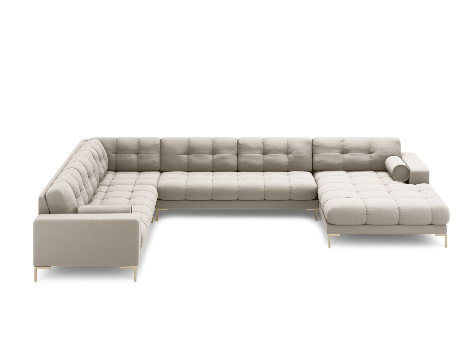 Elegantes 7-Sitzer Ecksofa links Panoramic Bali in sanftem Beige, perfekt für stilvolle Wohnräume und entspannte Stunden mit Freunden.