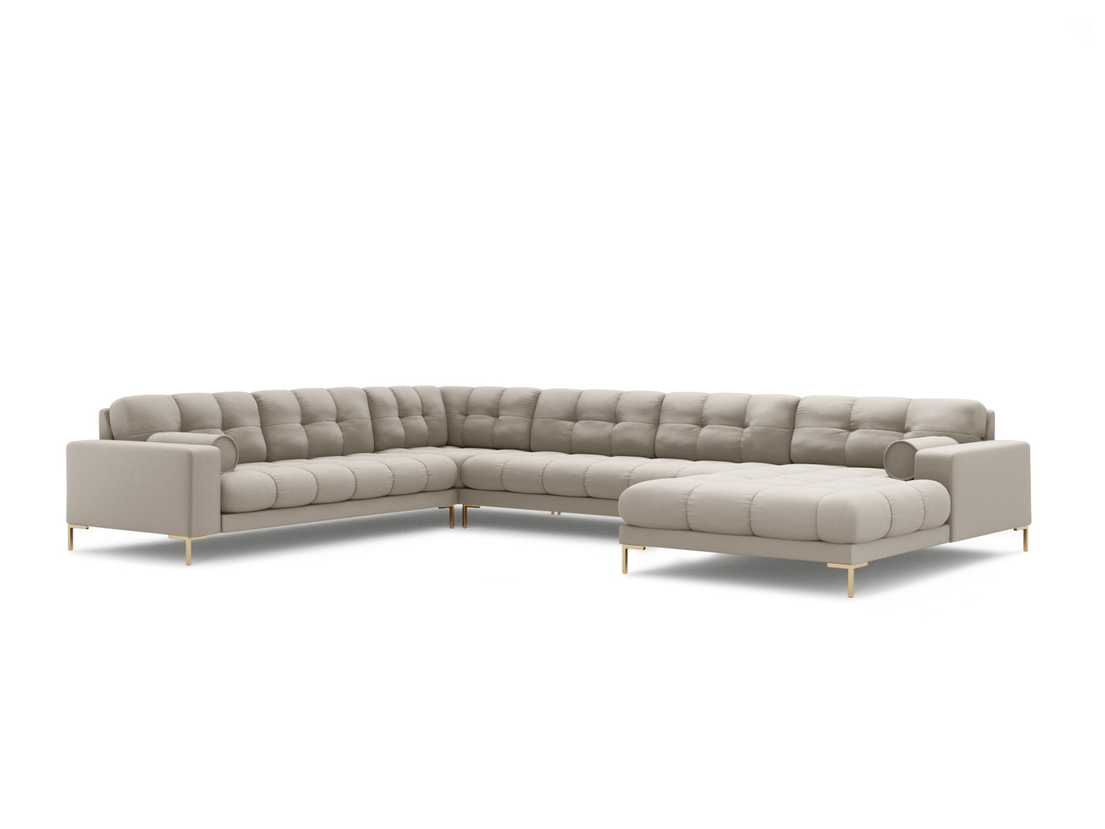 Elegantes 7-Sitzer Ecksofa links Panoramic Bali in sanftem Beige, perfekt für stilvolle Wohnräume und gesellige Zusammenkünfte.