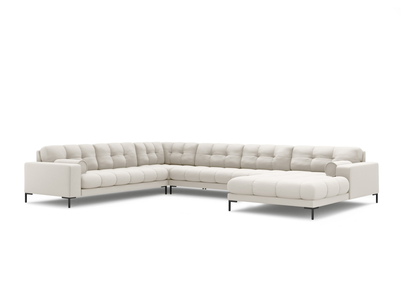 Elegantes 7-Sitzer Ecksofa links Panoramic Bali in sanften Beigetönen, ideal für stilvolle Entspannung und gesellige Zusammenkünfte.