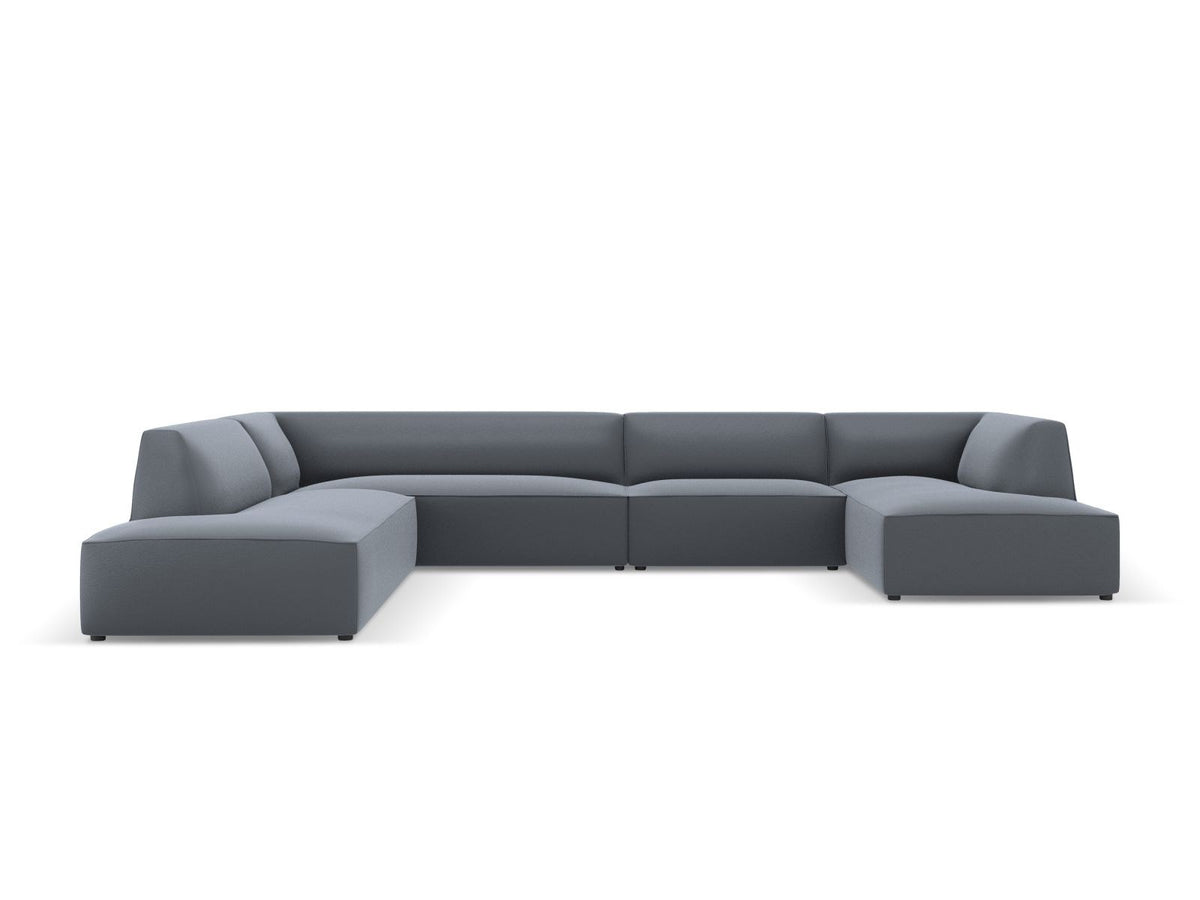 Panorama-Ecksofa links Siena in Light Beige-Pacifico Kunstleder mit Récamiere, Massivholzrahmen und schwarzen Kunststoffbeinen, 7-Sitzer Ausführung.