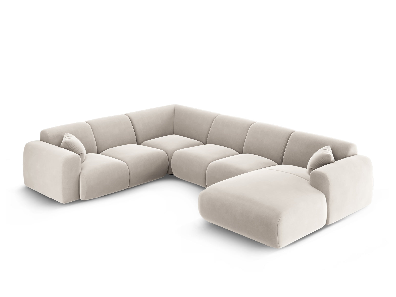 Modernes Nolio Velour Panoramic Ecksofa links in sanftem Beige, 6 Sitzer, perfekt für komfortable und stilvolle Wohnlandschaften.