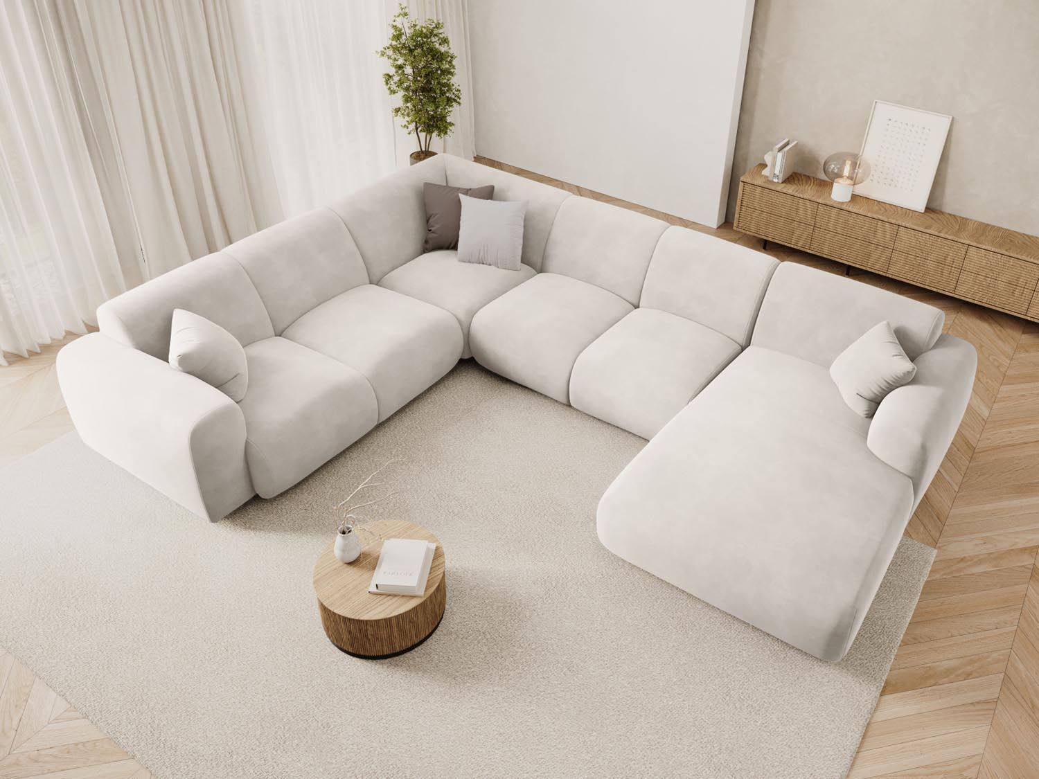 Elegantes Nolio Velour Panoramic Ecksofa links in hellem Beige, ideal für stilvolle Wohnräume, 6 Sitzer mit großzügigem Platzangebot.