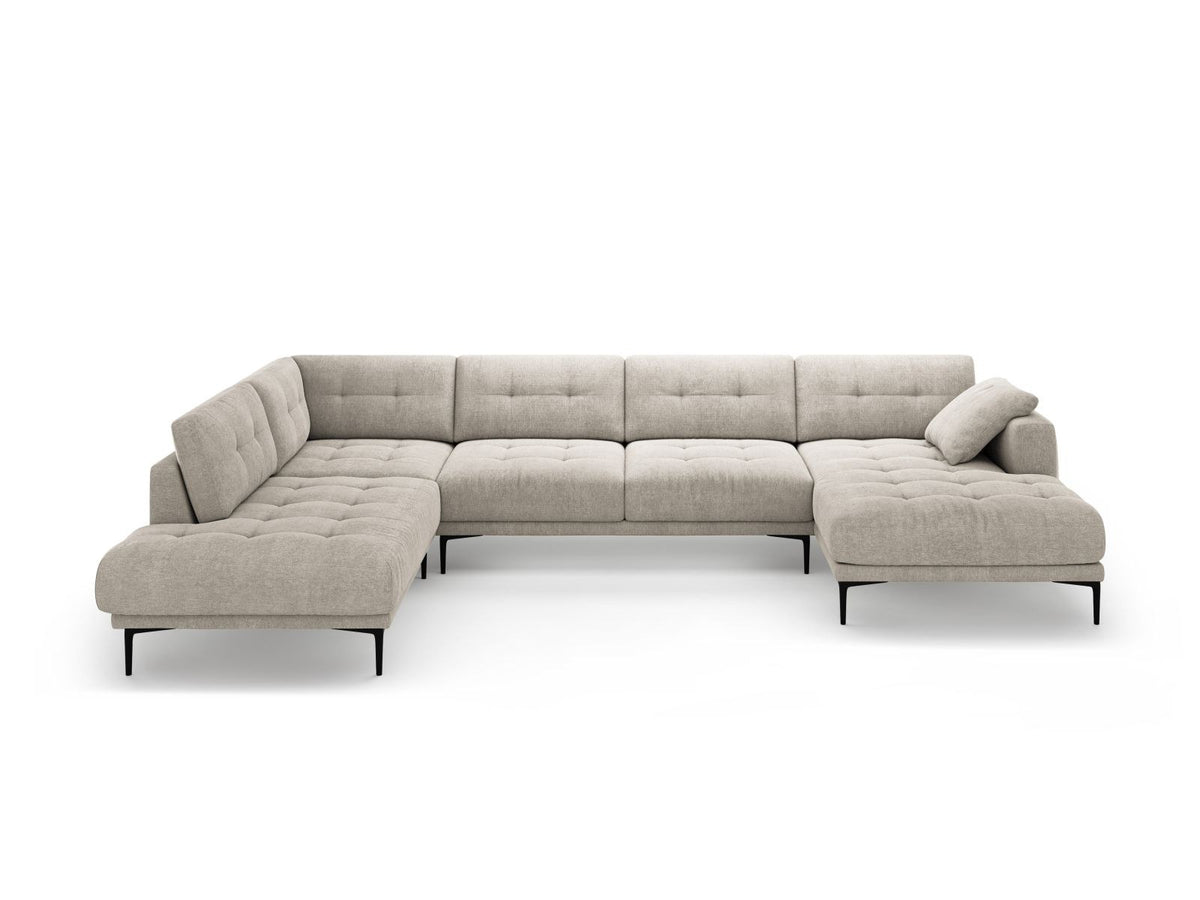 Lazio Panorama-Ecksofa Links in Beige-Sorella, Strukturstoff mit Tweed-Optik, Massivholzrahmen und schwarze Metallbeine, 7-Sitzer-Ecksofa.