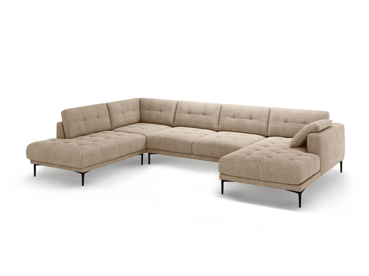 Lazio Panorama-Ecksofa Links in Beige-Sorella, Strukturstoff mit Tweed-Optik, Massivholzrahmen und schwarze Metallbeine, 7-Sitzer-Ecksofa.