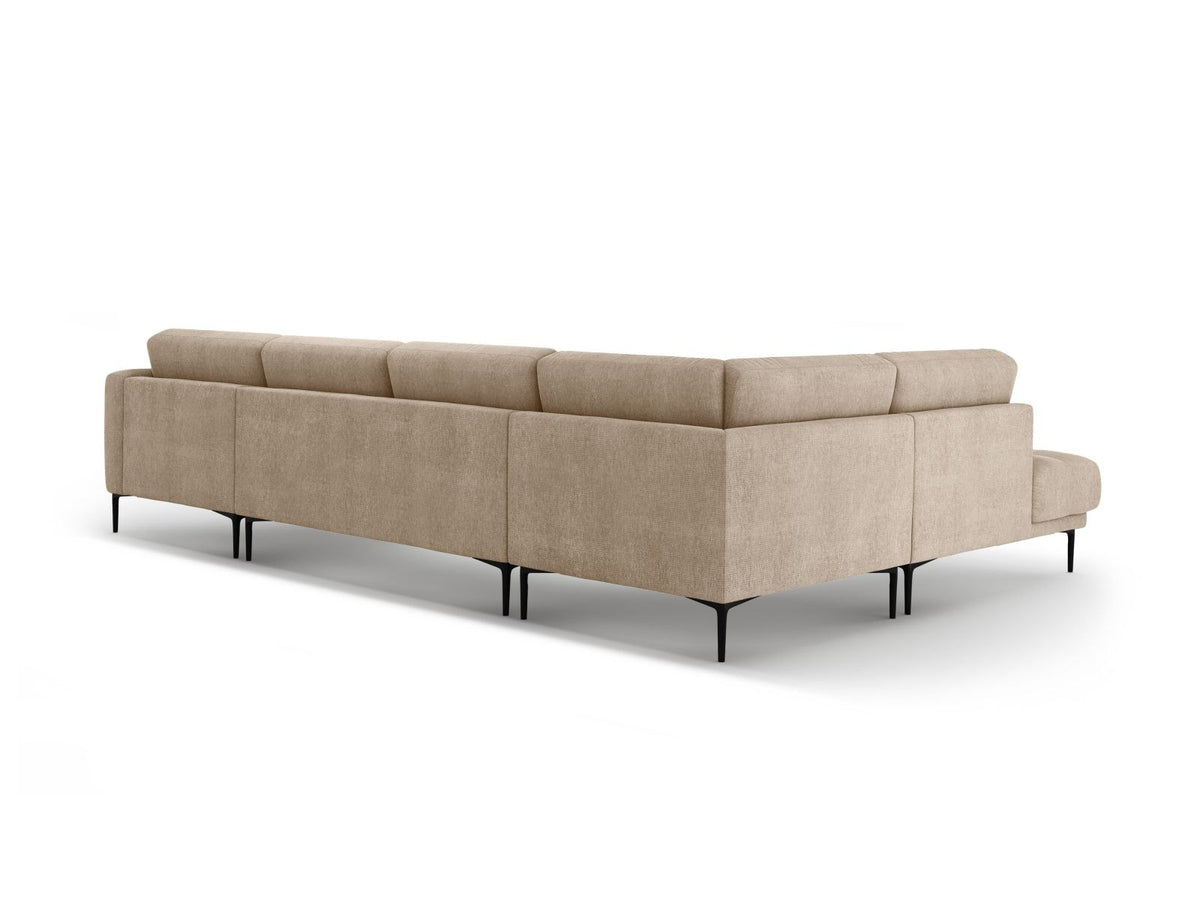 Lazio Panorama-Ecksofa Links in Beige-Sorella, Strukturstoff mit Tweed-Optik, Massivholzrahmen und schwarze Metallbeine, 7-Sitzer-Ecksofa.