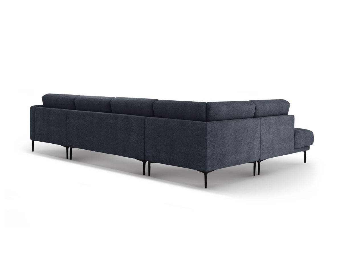 Lazio Panorama-Ecksofa Links in Beige-Sorella, Strukturstoff mit Tweed-Optik, Massivholzrahmen und schwarze Metallbeine, 7-Sitzer-Ecksofa.