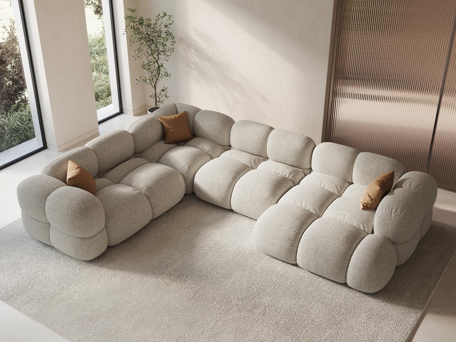 Beige Loretto Panoramic Ecksofa links, 5 Sitzer, 250cm, stilvolles Design für modernen Wohnraum, präsentiert von Cosmopolitan Design.