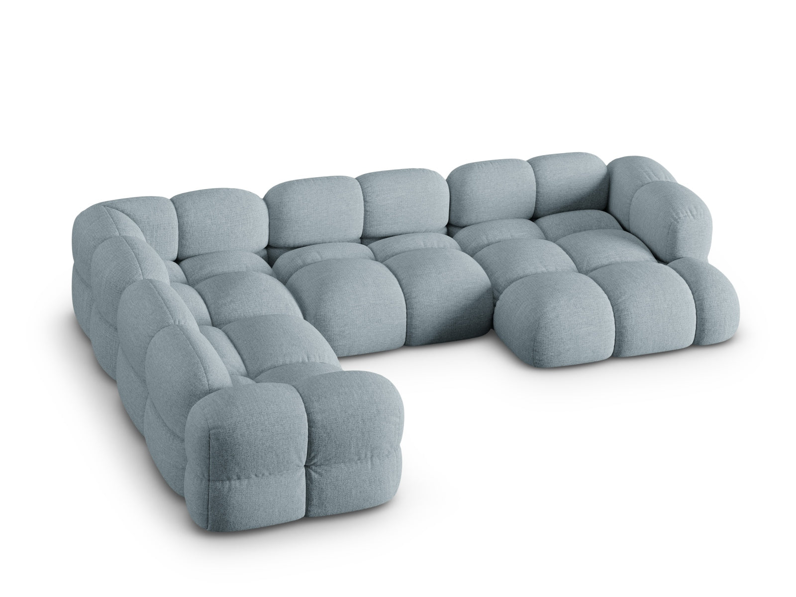 Elegantes Loretto Panoramic Ecksofa links in sanftem Pastellblau, perfekt für moderne Wohnzimmer und entspannte Stunden.