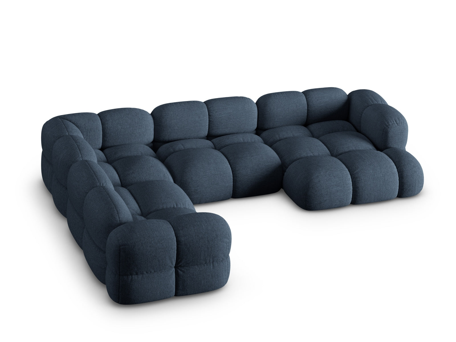 Modernes Loretto Panoramic Ecksofa links in tiefem Blau, großzügiger 5-Sitzer mit 250 cm, perfekt für gemütliche und stilvolle Wohnzimmer.