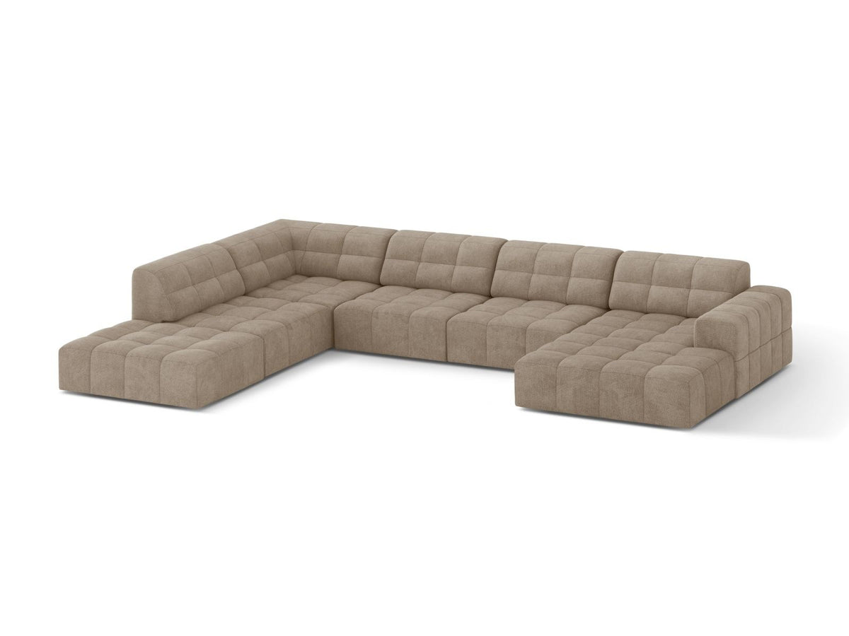 Beige Ecksofa links mit Chenille-Stoff Eden, massivem Holzrahmen, schwarzen Kunststoffbeinen und grosszügiger Sitzfläche für 7 Personen.