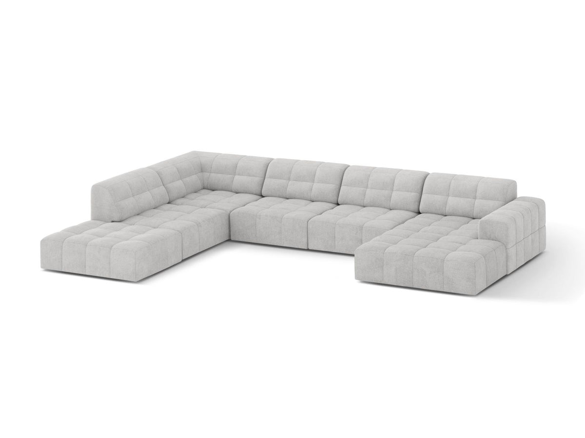 Beige Ecksofa links mit Chenille-Stoff Eden, massivem Holzrahmen, schwarzen Kunststoffbeinen und grosszügiger Sitzfläche für 7 Personen.