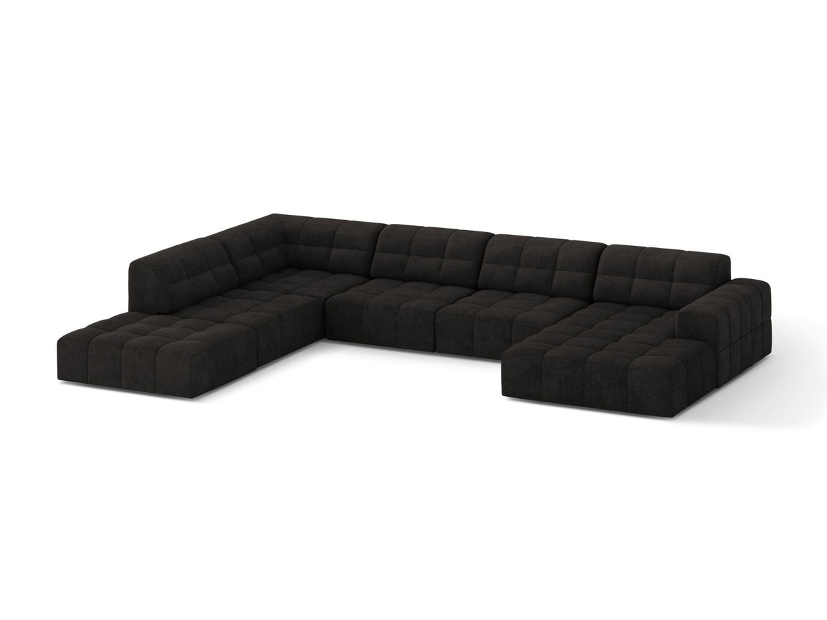 Beige Ecksofa links mit Chenille-Stoff Eden, massivem Holzrahmen, schwarzen Kunststoffbeinen und grosszügiger Sitzfläche für 7 Personen.