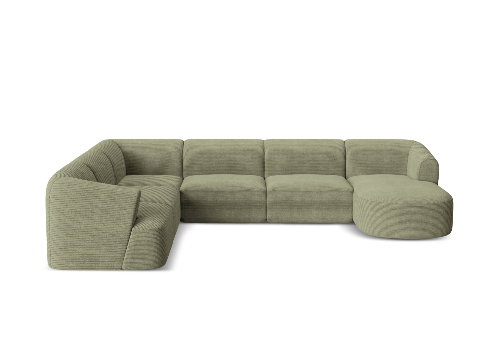 Modernes 7-Sitzer Ecksofa Panoramic links in trendigem Moss Green-Lincoln D, ideal für gemütliche und stilvolle Wohnräume von Cosmopolitan Design.