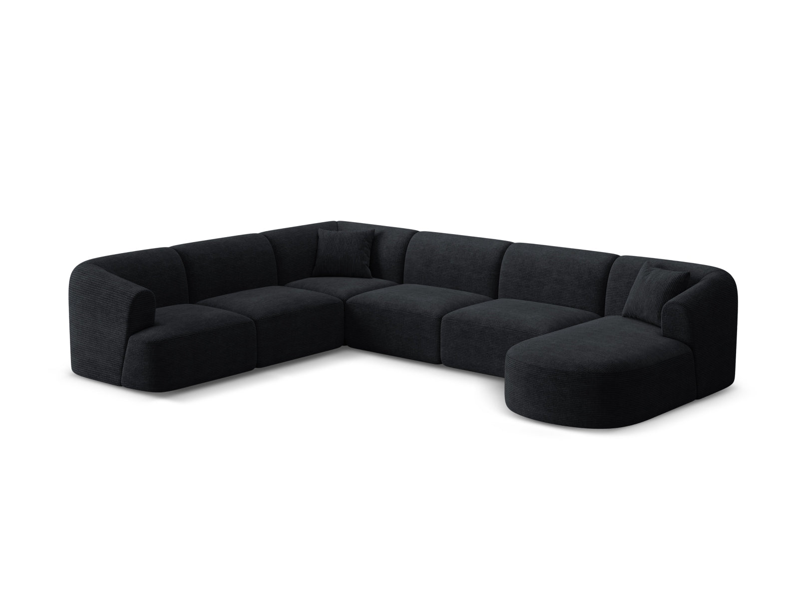Elegantes 7-Sitzer Ecksofa Panoramic links Campi in stilvollem Schwarz, ideal für moderne Wohnräume, präsentiert von Cosmopolitan Design.