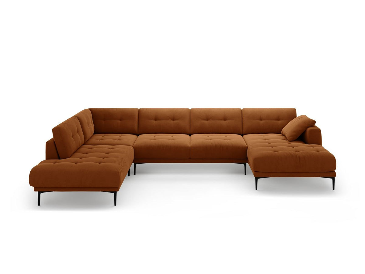 Grünes Samt-Panorama-Ecksofa links mit schwarzen Metallbeinen, grosser Sitzfläche und Récamiere, Modell Lazio von Cosmopolitan Design.