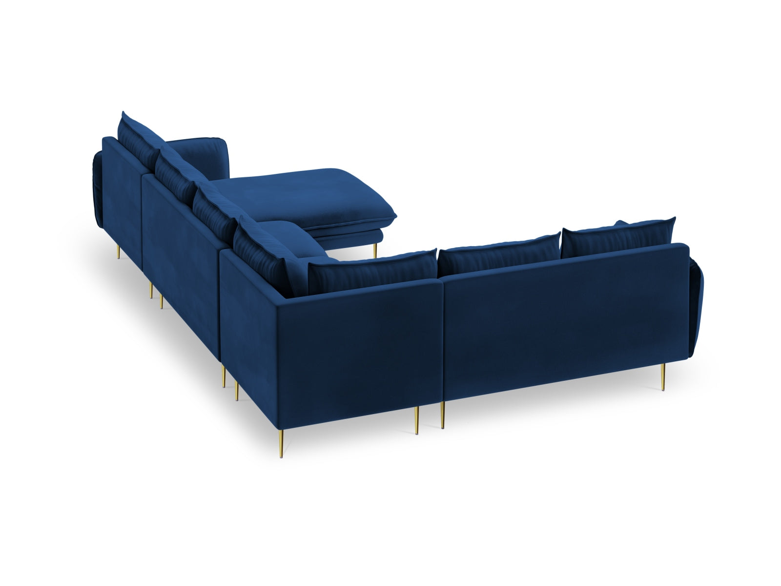 Elegantes 7-Sitzer Ecksofa links in Royal Blue, 235cm, mit samtigem Veloursbezug, ideal für stilvolle Wohnräume.