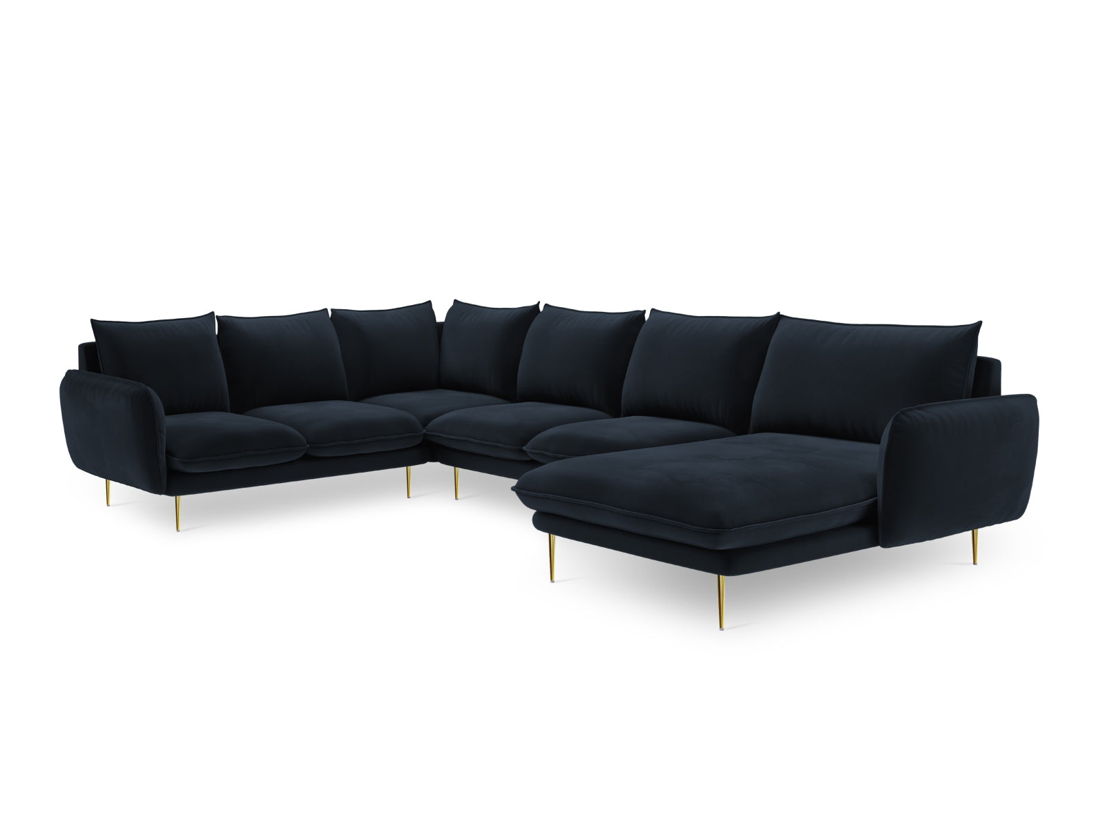 Luxuriöses 7-sitziges Ecksofa in Dunkelblau mit samtiger Oberfläche und goldenen Details, perfekt für moderne Wohnzimmer.