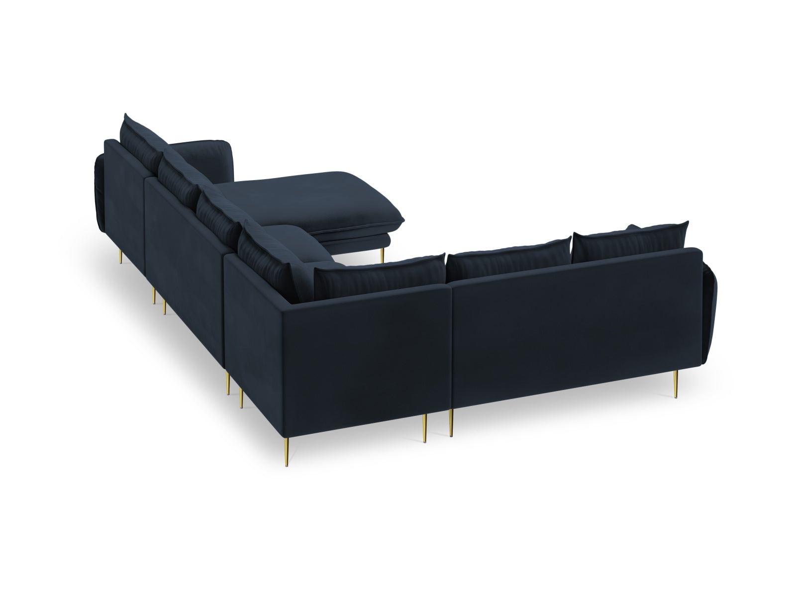 Elegantes 7-sitziges Ecksofa in tiefem Blau, mit weichem Velours und stilvollen goldenen Akzenten, ideal für stilvolle Wohnräume.