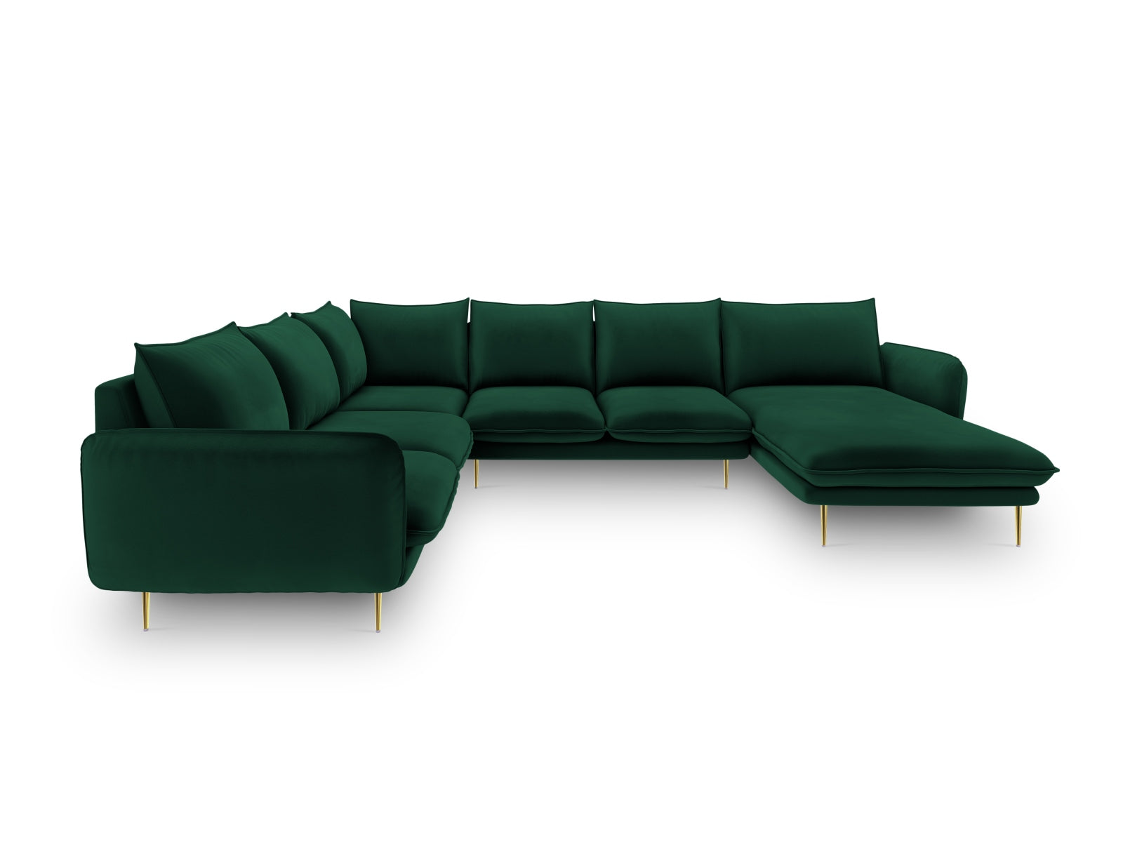 Elegantes, 7-sitziges Ecksofa in Flaschengrün mit goldenen Akzenten, ideal für stilvolle Wohnräume. Perfekte Kombination aus Komfort und Design.