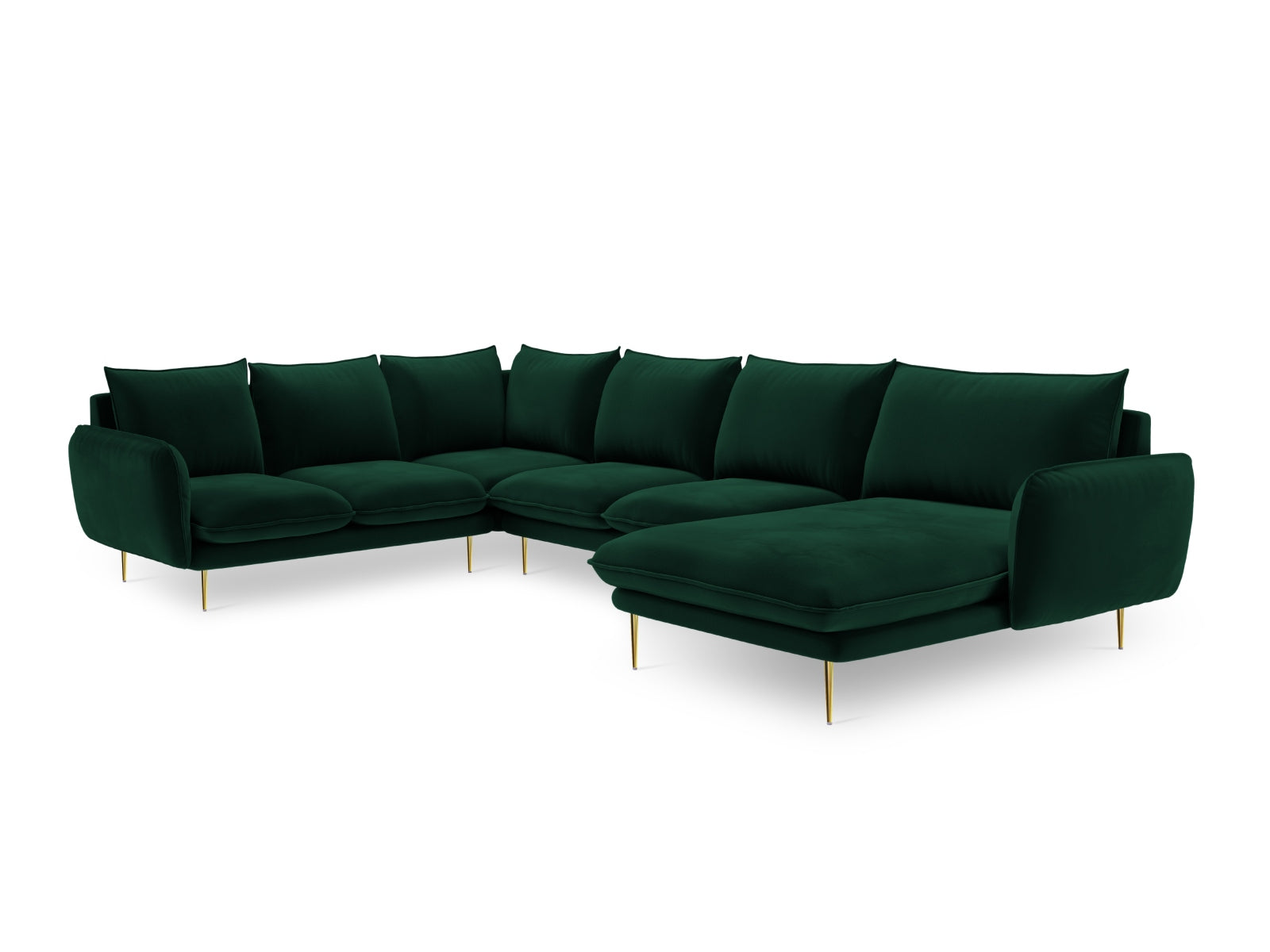 Luxuriöses 7-sitziges Ecksofa in tiefem Flaschengrün, mit edlen goldenen Details, perfekt für moderne und elegante Wohnräume.