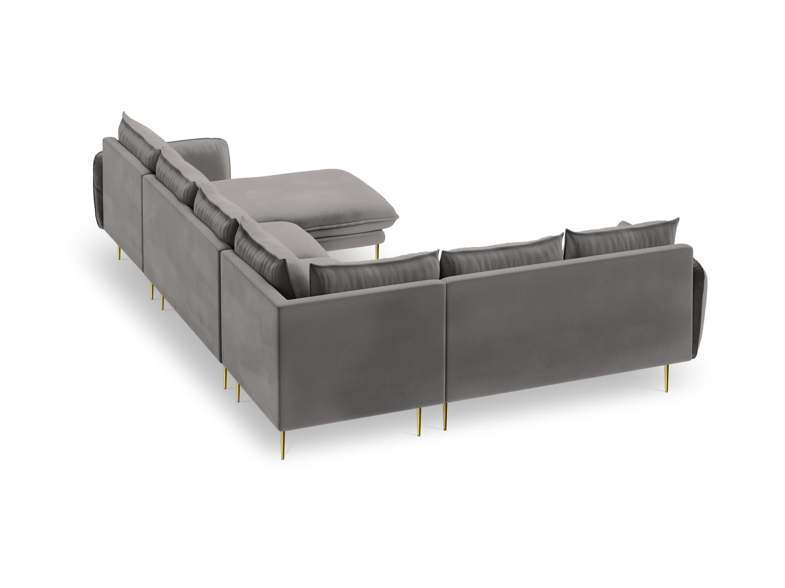 Elegantes 7-sitziges Velours-Ecksofa in sanften Grautönen, linksseitig, 235 cm, ideal für stilvolle Wohnräume und gesellige Abende.
