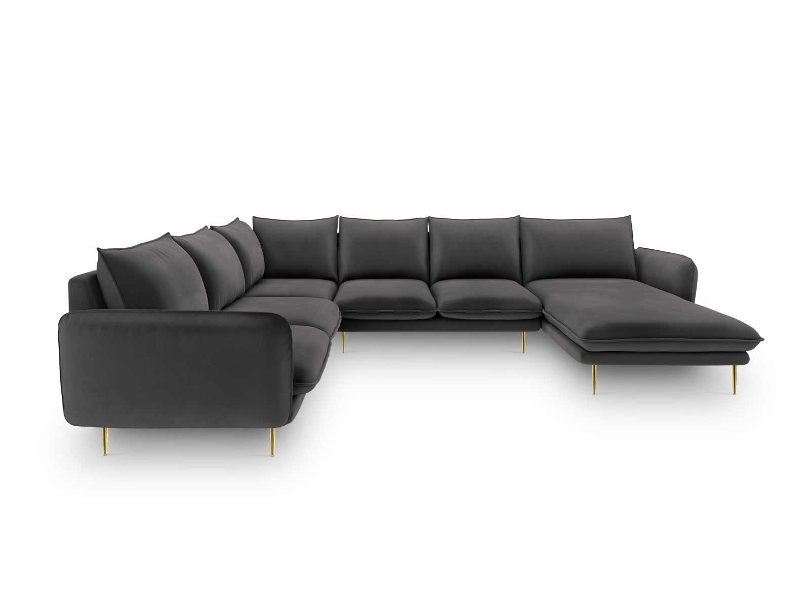 Elegantes Vienna Velour Panoramic Ecksofa links, 7 Sitzer, 235 cm, in stilvollem Dunkelgrau mit goldenen Akzenten, ideal für moderne Wohnräume.
