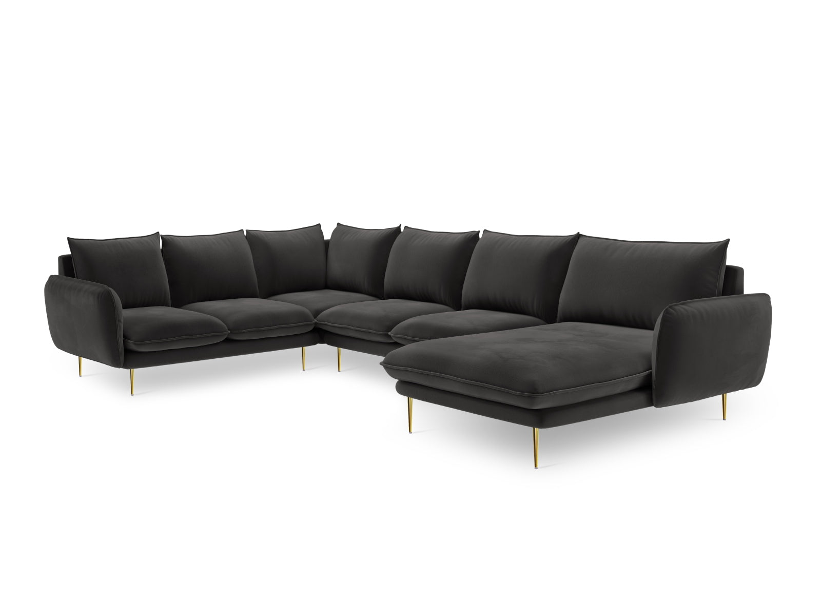 Luxuriöses 7-Sitzer Ecksofa links im Veloursdesign, 235 cm, in edlem Dunkelgrau mit goldenen Details, perfekt für stilvolle Wohnzimmer.