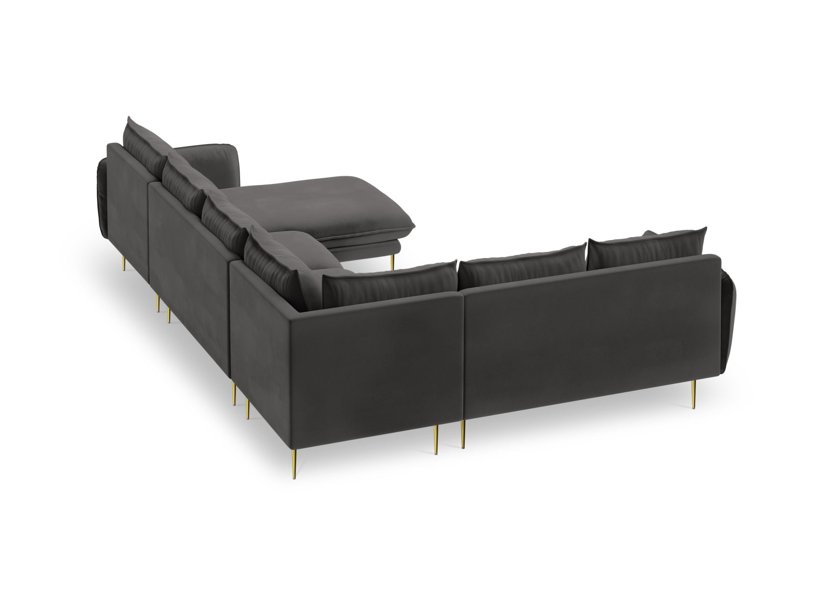 Elegantes 7-Sitzer Ecksofa links im samtigen Velours, 235 cm, in tiefem Grau mit goldenen Akzenten, ideal für moderne Wohnräume.