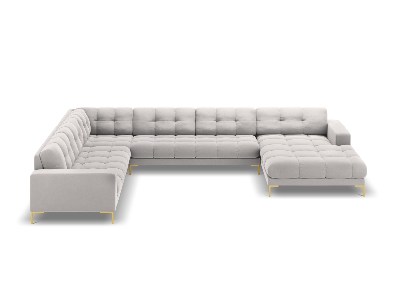 Elegantes 7-Sitzer Ecksofa links Bali in modernem Silver-Bluvel, ideal für stilvolle Wohnräume und gemütliche Abende.