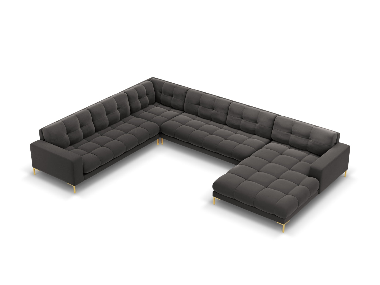 Stylisches 7-Sitzer Ecksofa links Bali in elegantem Dunkelgrau-Bluvel, perfekt für entspannte Abende und gesellige Zusammenkünfte.