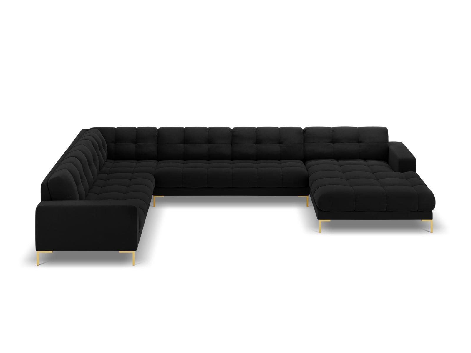Elegantes 7-Sitzer Panoramic Ecksofa links Bali in stilvollem Black-Bluvel, ideal für moderne Wohnräume, präsentiert von Cosmopolitan Design.