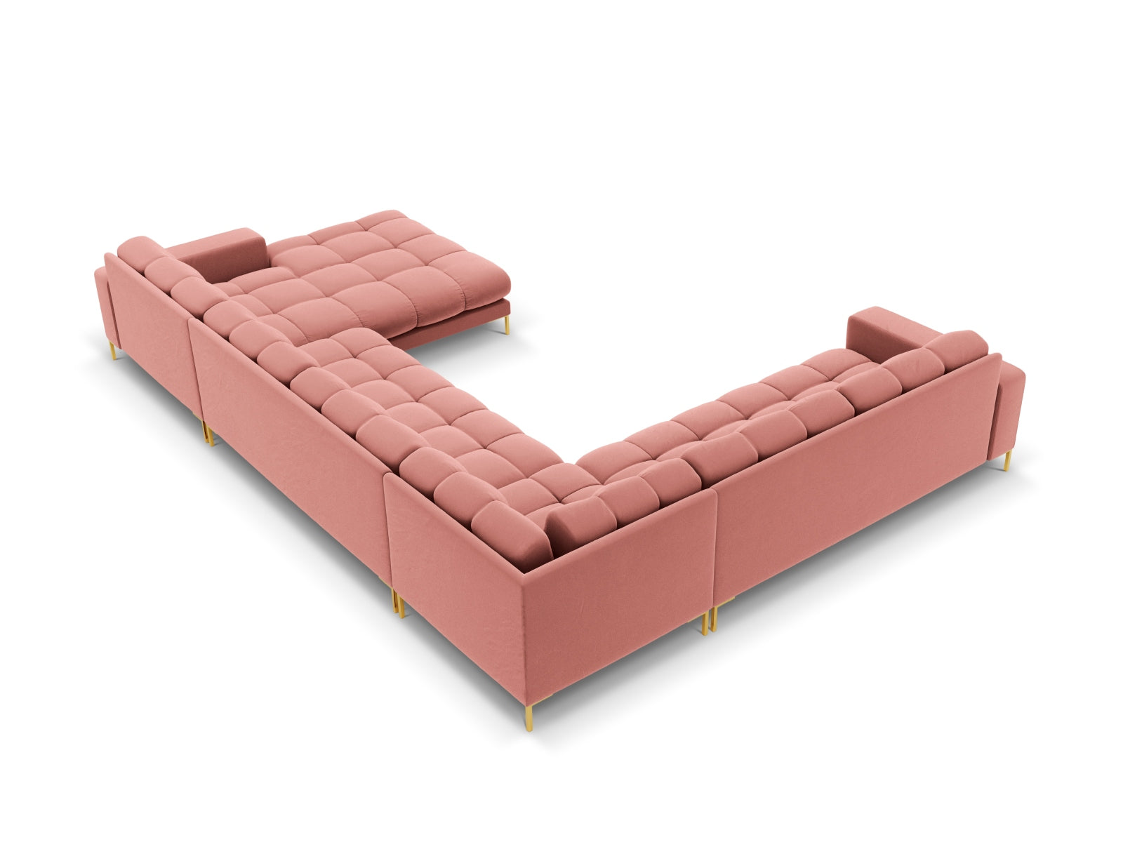 Elegantes 7-Sitzer Ecksofa links Bali in Pink-Bluvel, ideal für gesellige Runden und modernes Wohndesign von Cosmopolitan Design.