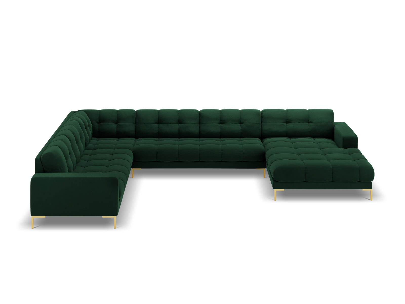 Elegantes 7-Sitzer Ecksofa links Bali in sattem Flaschengrün, ideal für stilvolle Wohnräume und gesellige Abende von Cosmopolitan Design.