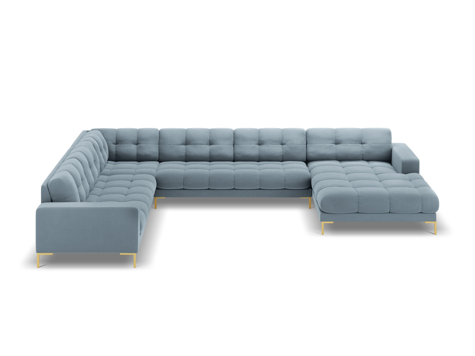 Elegantes 7-Sitzer Ecksofa links Bali in sanftem Light Blue-Bluvel, ideal für stilvolle Wohnräume und gemütliche Abende.