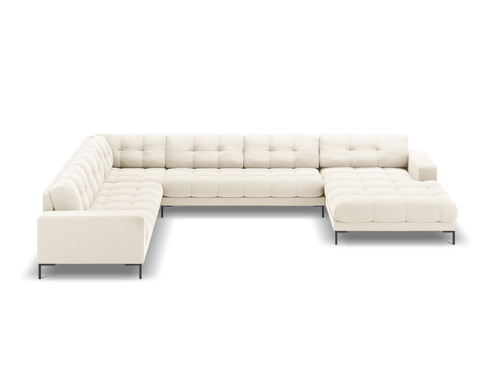 Elegantes 7-Sitzer Ecksofa links Bali in sanftem Light Beige-Bluvel, ideal für stilvolle Wohnräume, präsentiert von Cosmopolitan Design.