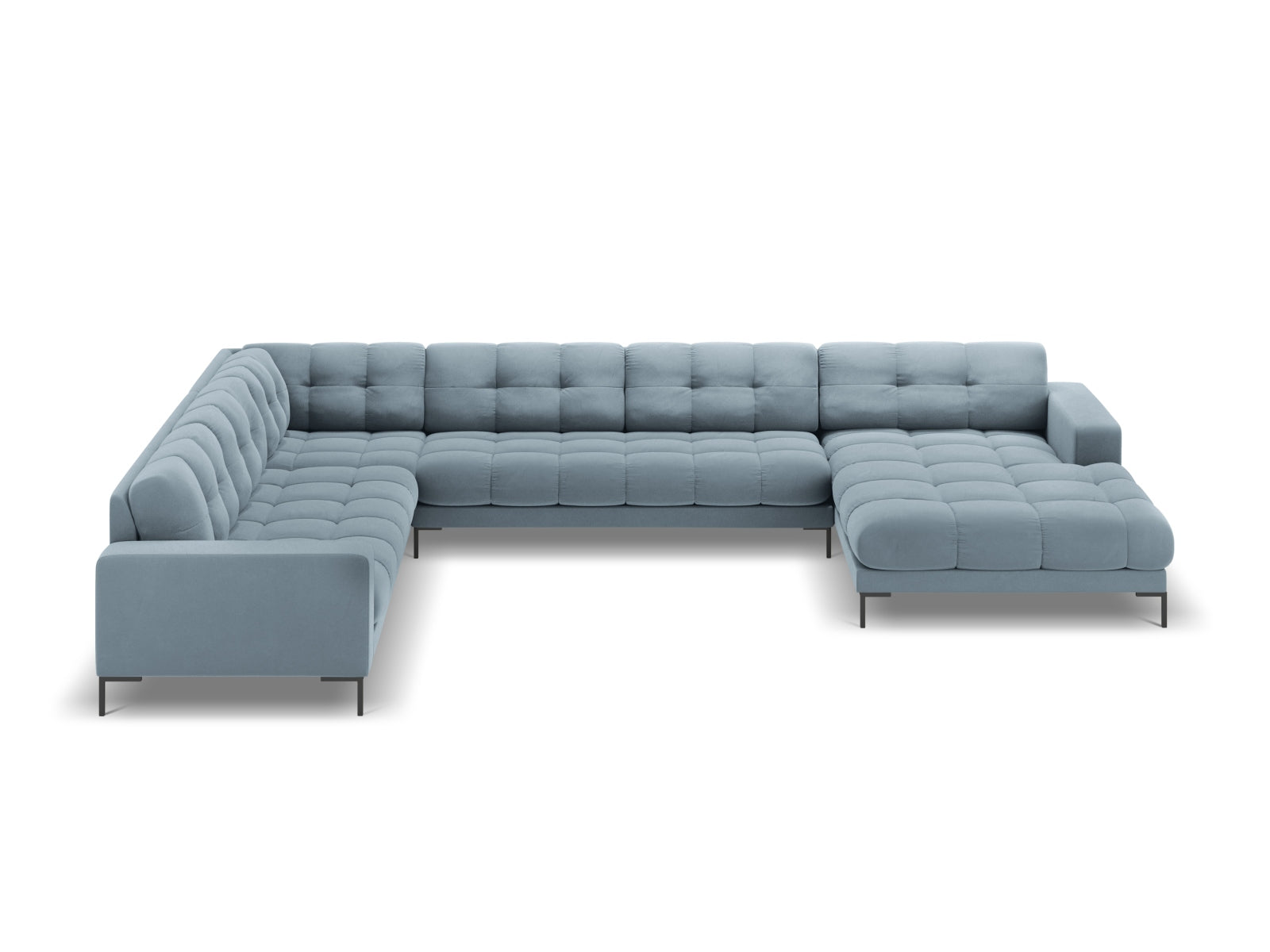 Elegantes 7-Sitzer Ecksofa links Bali in sanftem Light Blue-Bluvel, ideal für stilvolle Entspannung und gesellige Abende.