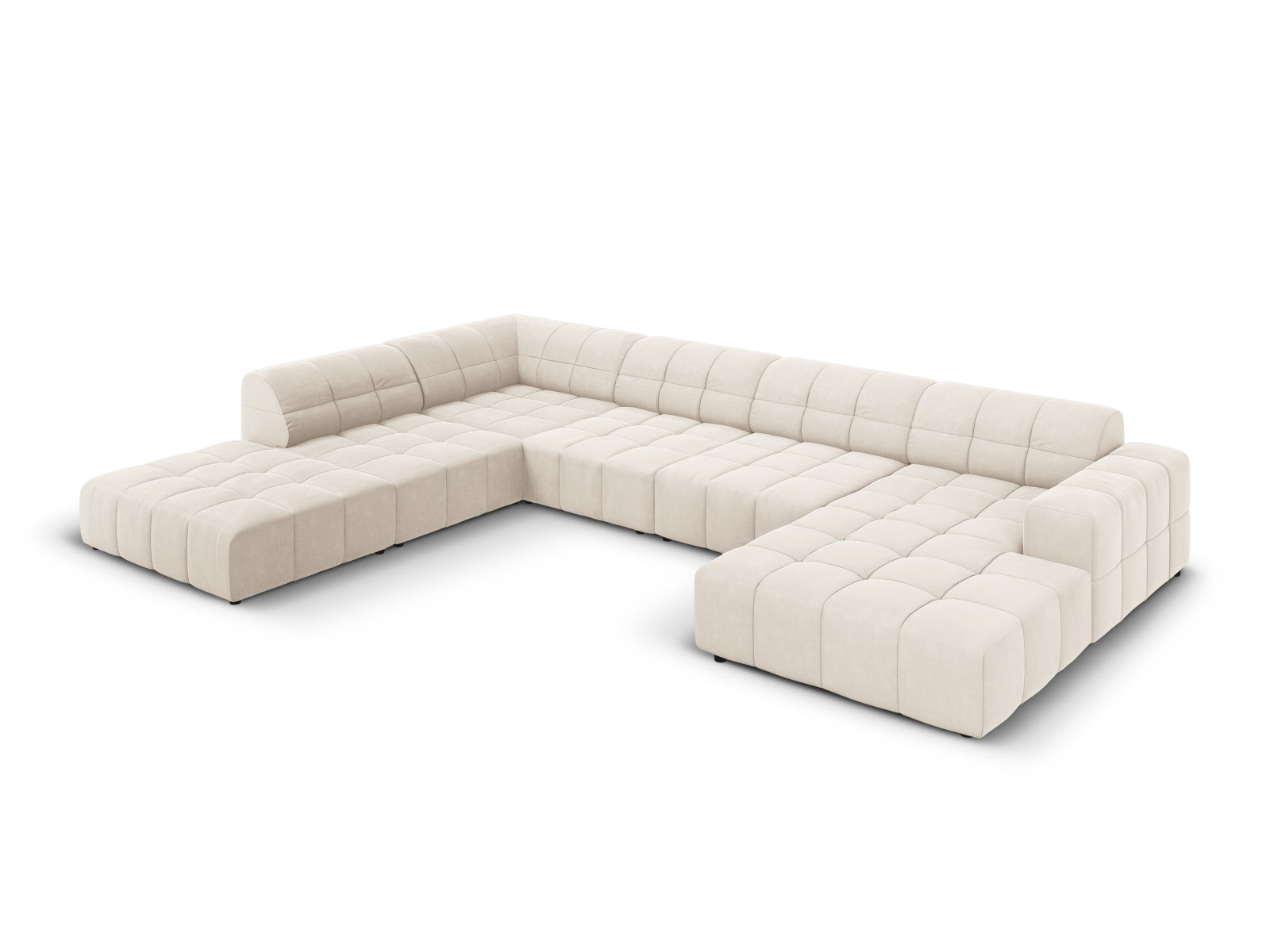 Elegantes Chicago Velour Panoramic Ecksofa links, 7 Sitzer, 262 cm, in sanftem Light Beige-Bluvel, ideal für stilvolle Wohnräume.