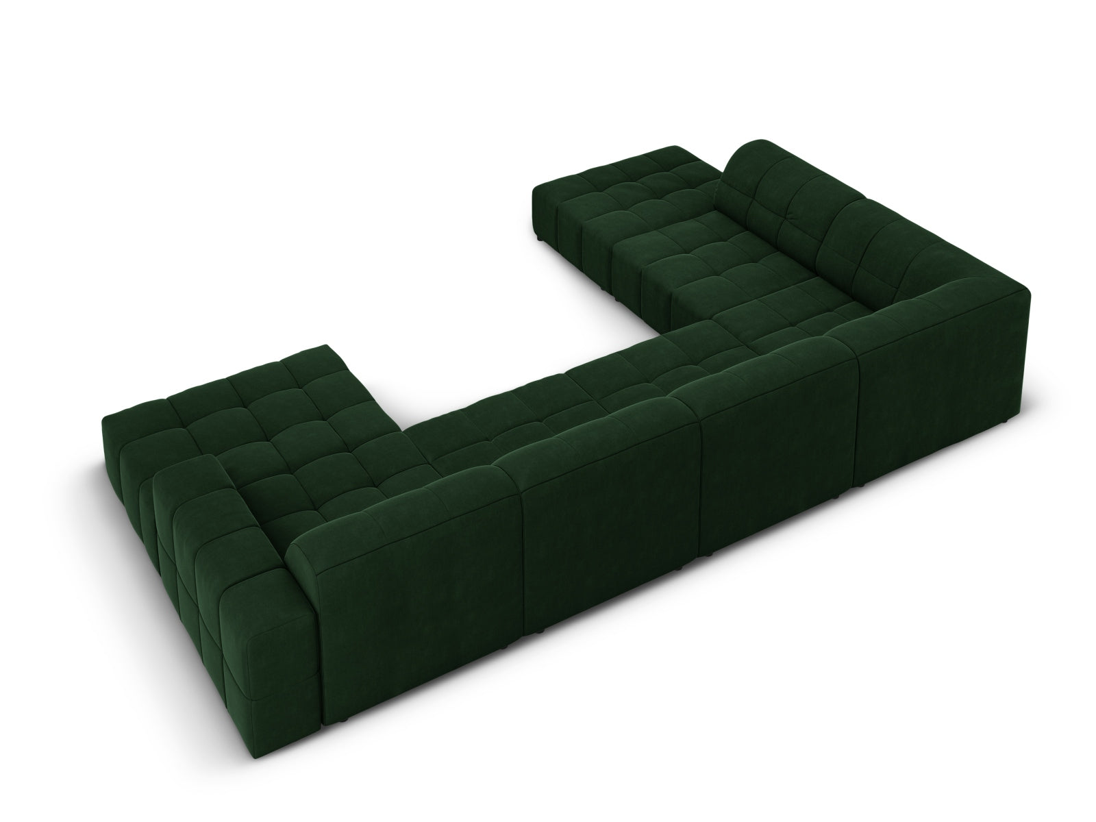 Luxuriöses Chicago Velour Panoramic Ecksofa links in tiefem Flaschengrün, 7 Sitzer, 262cm, perfekt für moderne und elegante Wohnkonzepte.